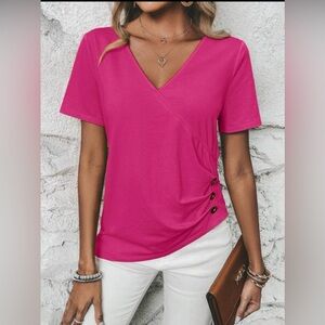 SHEIN LUNE Hot Pink Surplice Neck Tee (NWOT)